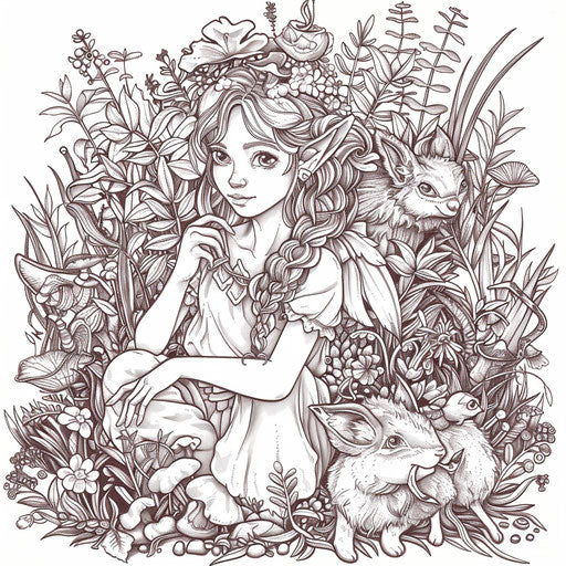 Forest elf surrounded by animals and lush vegetation