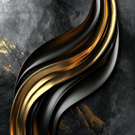 Dynamic logo design art in gold and black, on metallic background