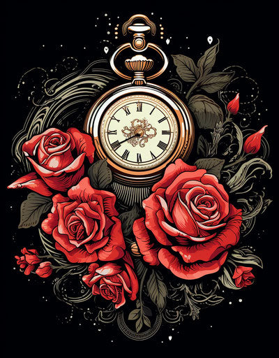 Vintage pocket watch with roses in monochromatic style