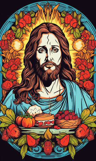Jesus and food coloring page, classic tattoo motifs style