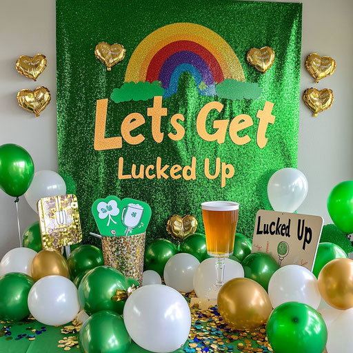 St. Patrick's Day celebration: rainbow and pot of gold backdrop, green and white balloons, beer cup, St. Pat's signs, golden confetti, festive colors
