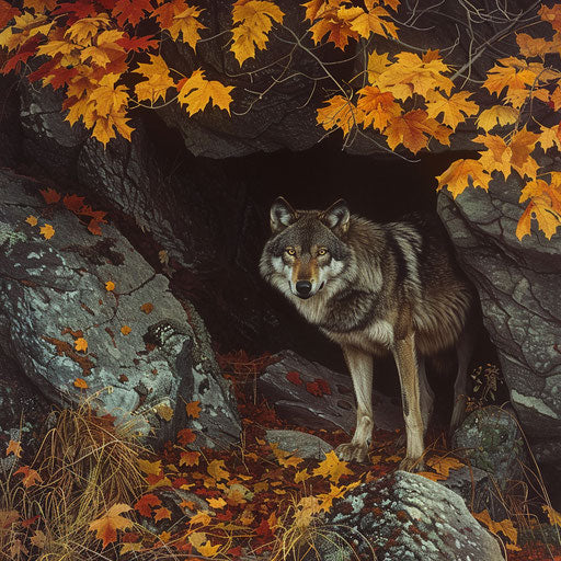 Wolf guarding den under rock outcrop in autumn