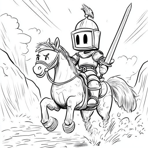 Cartoon knight on horse, Butch Hartman style, coloring book