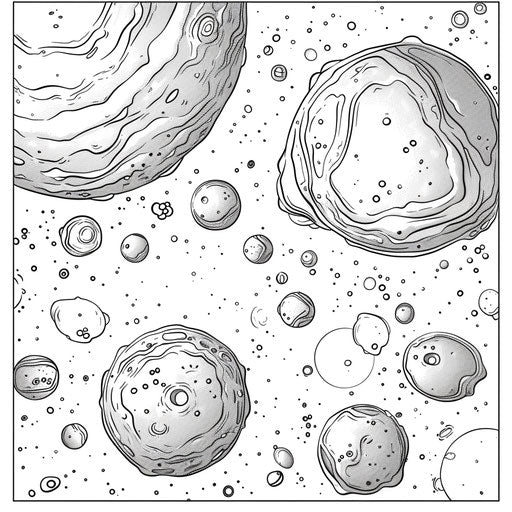 Minimalist planets with abstract forms in the style of Ruben Ireland Coloring book page