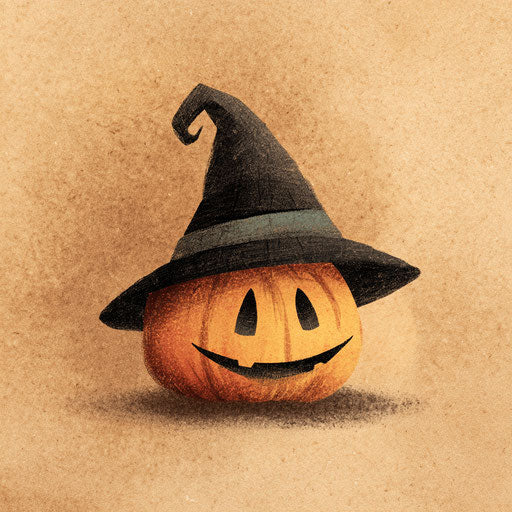 A jack-o'-lantern in a witch's hat with a mischievous grin