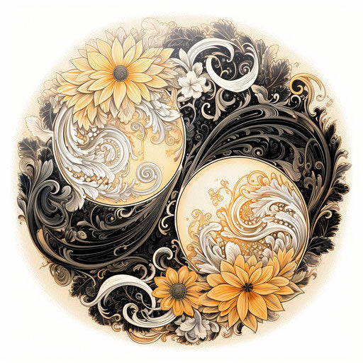 Yin yang symbol in black and white drawing, ornate style
