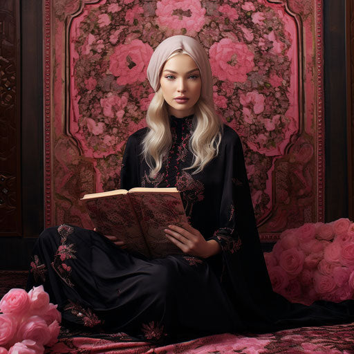 Person in pink next to the Muslim prayer mat