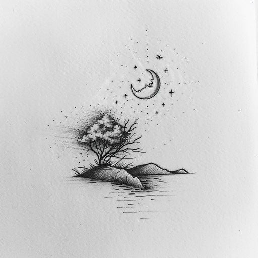 Peaceful flat tattoo sketch of a quiet, starlit night with a gentle moon