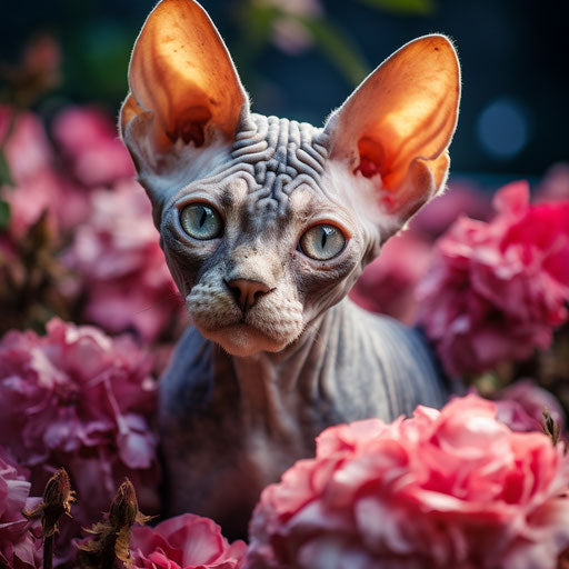 Devon Rex cat in a flower bed with beautiful flowers
