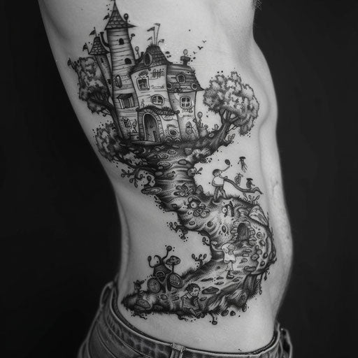 Men's rib tattoos whimsical themes Steve Sack style