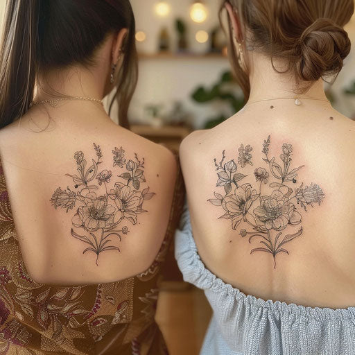 Mother-daughter tattoos of botanical illustrations on back