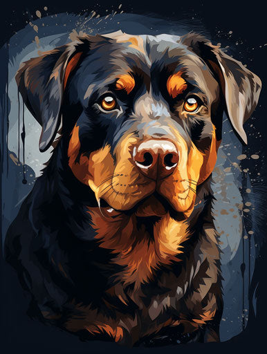 Rottweiler dogs in breed, in Rembrandtesque style, navy and dark brown, sharp 3:4