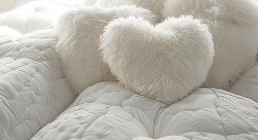 Fluffy pillows on top of pillows and white heart