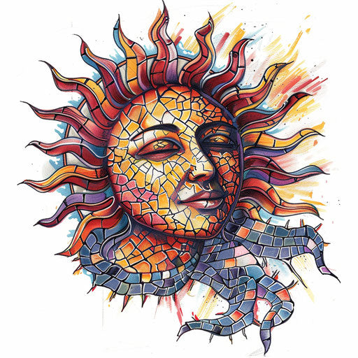 Clipart tattoo sketch of a rising sun with a mosaic of small multicolored tiles