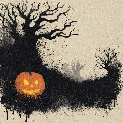 Spooky pumpkin and shadowy trees in artistic background