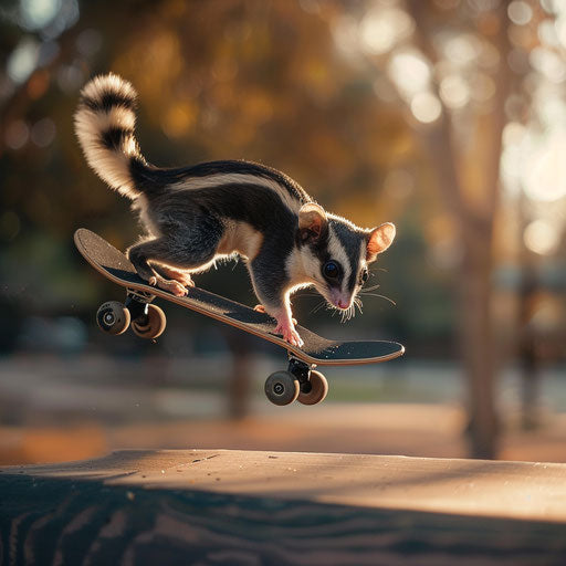 A sugar glider on a skateboard doing tricks in an urban park