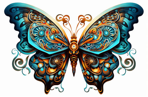 Colorful tattooed butterfly, masks and totems style, cyan and bronze, isometric, skeletal, psychedelic, avian-themed, hand-colored