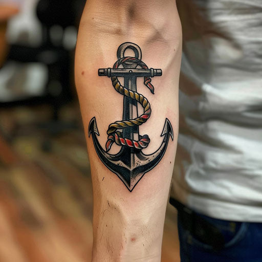 Realism tattoos of a sailor's anchor on the forearm