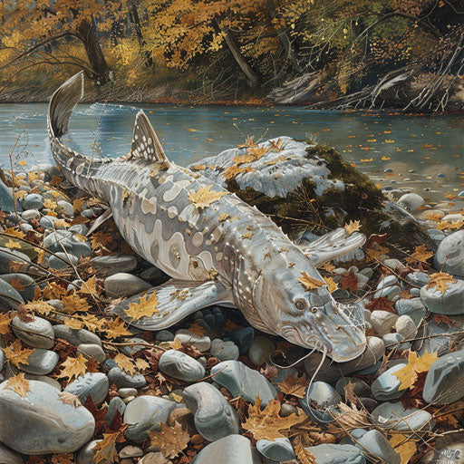 Ancient white sturgeon by the riverbank, surrounded by pebbles and leaves