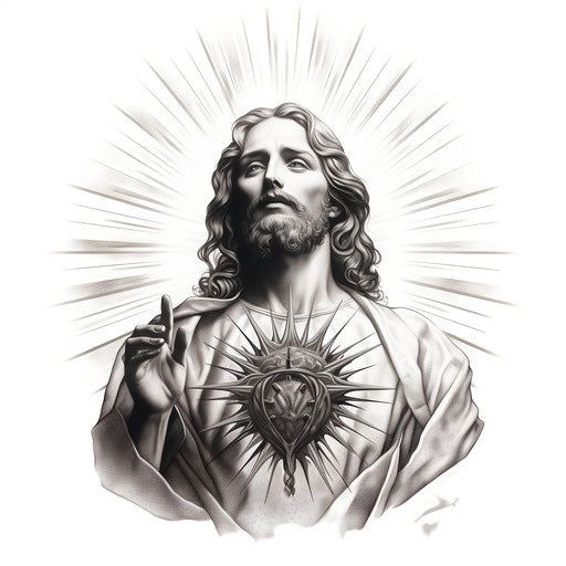 Jesus with aura in classic tattoo style, silver and bronze