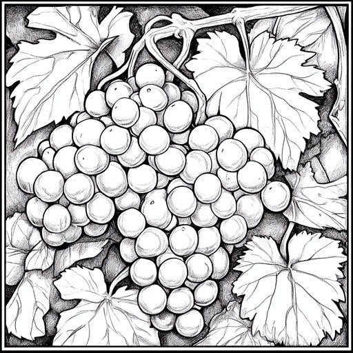 Grapes with epic backgrounds Mark Schultz style coloring book page