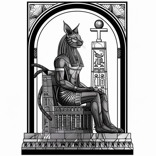 Classic tattoo sketch of Bastet seated on a throne with an obelisk
