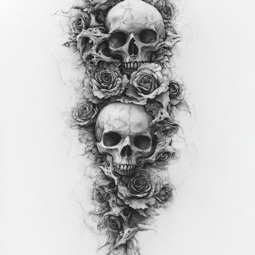 Floral sleeve tattoo with intertwined roses and skulls