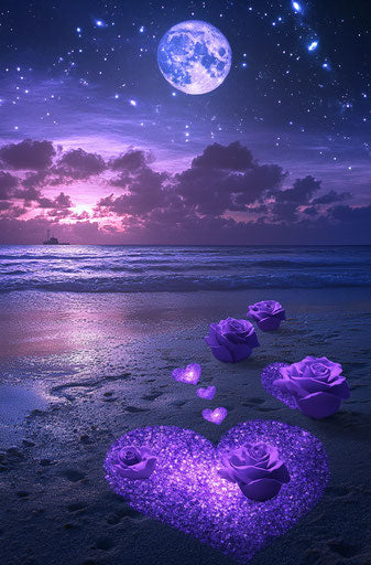 Glowing hearts and purple roses on the beach