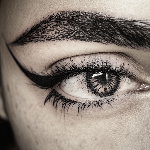 Brow tattoo with deep contrasts and sharp edges
