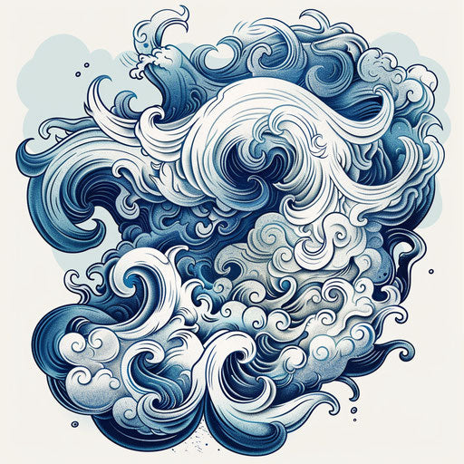 Balanced flat tattoo sketch of storm with wind swirls and soft blue tones