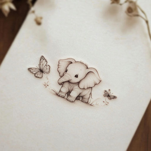 Tiny elephant tattoo with butterfly on white