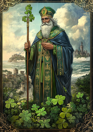 Realistic and detailed drawing of St. Patrick in front of an Irish castle