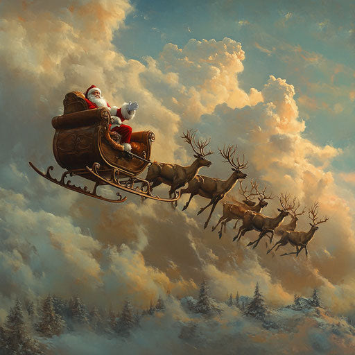 Santa Claus in a sleigh with reindeer flying in the sky