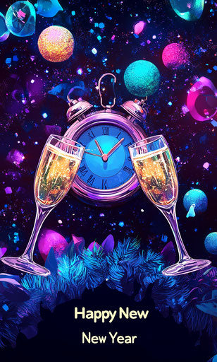 New Year's Eve clock with champagne glasses, glitter, and sparkling background