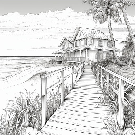 Adult coloring pages, outdoor beach scenes