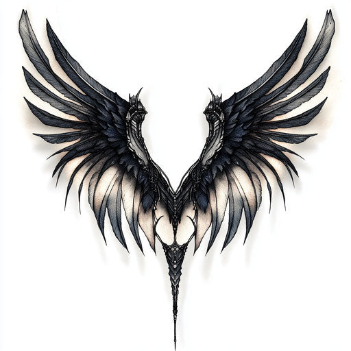 An angel with dark wings and gothic design on white background
