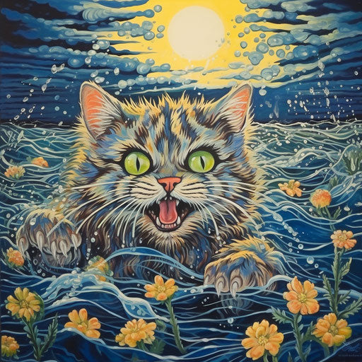 Cat swimming in a lake by the shore
