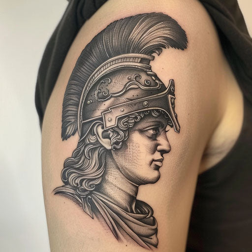 Realistic Athena portrait tattoo in black and gray on white