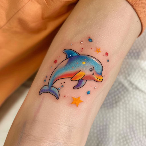 Colorful cartoon-style dolphin tattoo on white background