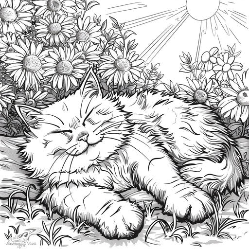Cartoon cat napping in a sunbeam illustration