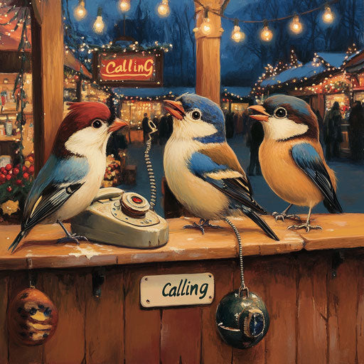 Four birds using old-fashioned crank phones