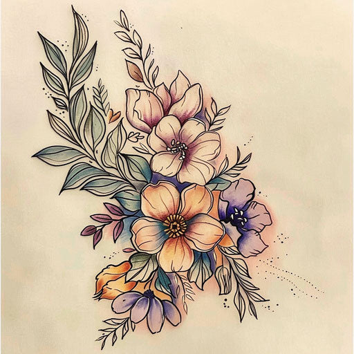 Whimsical tattoo sketch floral arrangement pastel colors flat design