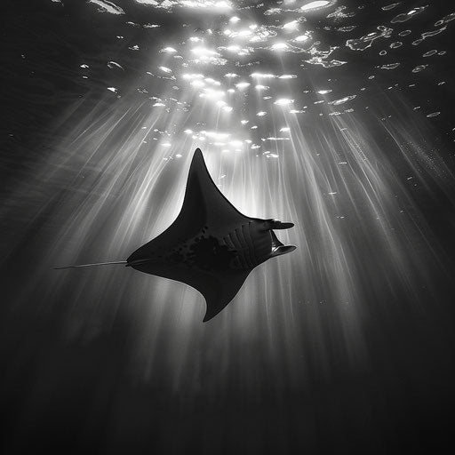 Manta ray in a tranquil sea with rays of sunlight penetrating the water, in the style of Gregory Colbert