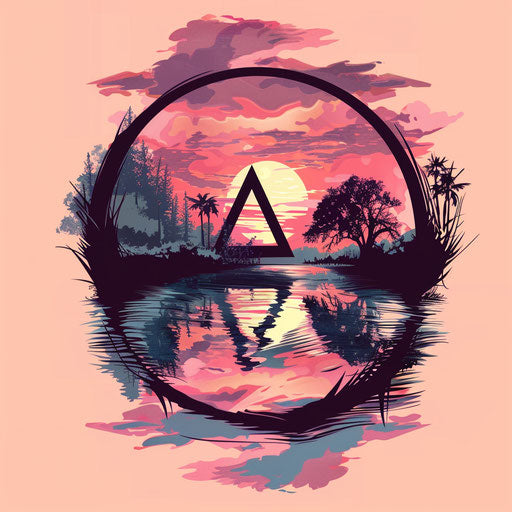 Reflective tattoo sketch with an anarchy symbol and a calm pond scene, pastel colors