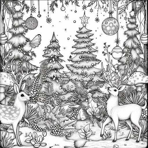 Magical Christmas forest with fairies and woodland creatures