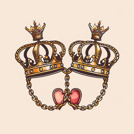 Romantic sketch of royal crowns connected by golden chain