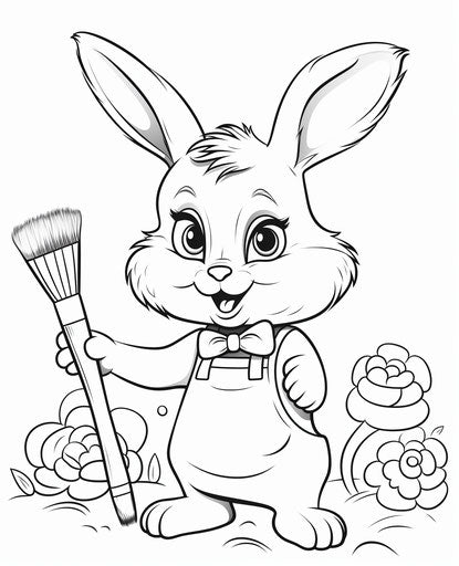 Bunny with paint brush coloring page, in the style of captivating, hatching 25:31