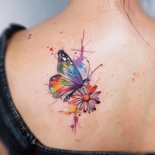 Watercolor butterfly merging with a colorful flower, abstract tattoo art