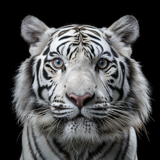 White tiger with black stripes, front view, looking at the camera