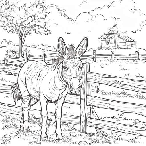 Happy donkey by wooden fence on farm coloring page